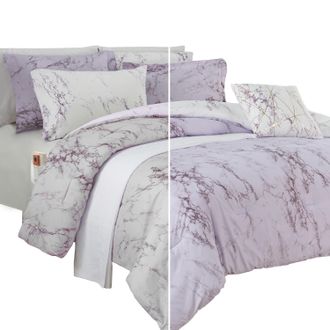 Elegant Comfort Reversible 10-Piece Marble Print Comforter Set, Includes 6-Piece Sheet Set with Double Sided Storage Pockets