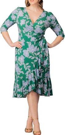 Kiyonna Flirty Flounce Wrap Dress in Green And Blue Florals at Nordstrom, Size 1X