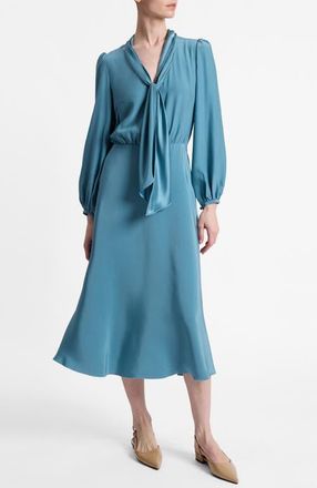 Santorelli Jenn Long Sleeve Silk Midi Tie-Neck Dress in Steel Teal at Nordstrom, Size 8