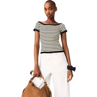 Maje Rib knit top with boat neck in Navy /Ecru at Nordstrom, Size Small