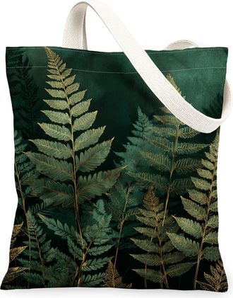 Generic Elegant Ferns Canvas Tote Bags, Vintage Nature Botanical Pattern Reusable Grocery Bags, Lightweight Washable Shoulder Strap, Green, 13x15 Inch