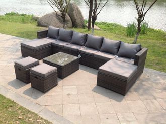 Fimous Lounge Couch Rattan Corner Sofa Set Coffee Table Stools Garden Furniture Outdoor in Light Grey