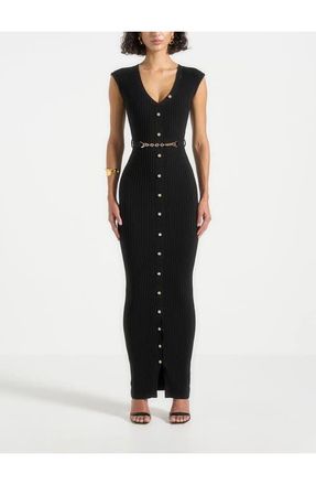 Mani&egrave;re De Voir Helene Knitted Midaxi Dress with Belt in Black at Nordstrom, Size Medium