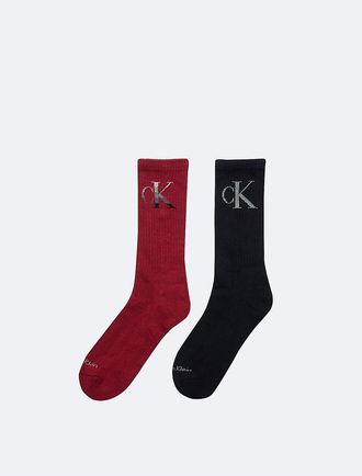 Calvin Klein Mens Monogram Logo Holiday 2-Pack Crew Socks - Red - LXL