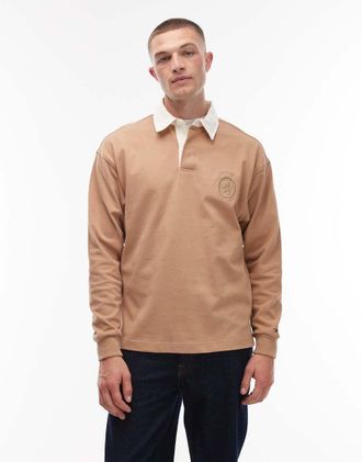 Tommy Hilfiger Polo a maniche lunghe beige stile rugby con logo a stemma-Neutro