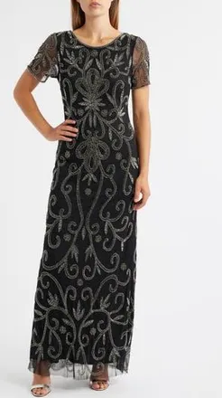 Pisarro Nights Beaded Gown in Black/Silver at Nordstrom Rack, Size 10
