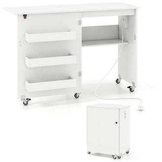Costway Scrivania Pieghevole Con Stazione Di Ricarica, Tavolo Da Cucito Pieghevole Con Ripiano E Cassetti, Mobiletto Con Ruote E Serratura, 116 X 41 X 78 Cm, 