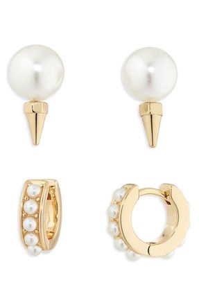 AllSaints Set of 2 Faux Pearl Stud & Huggie Hoop Earrings in Gold/Pearl at Nordstrom