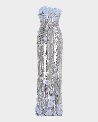 Pamella Roland Strapless Flower Embroidered Sequin Tulle Column Gown