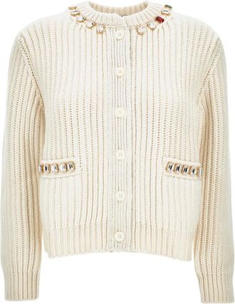 Thom Browne Truien & Vesten, Dames, Beige, S, Kasjmier, Swarovski Crystal Half Stitch Kasjmier Cardigan