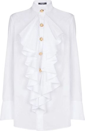 Balmain Poplin Blouse met Ruches - Dames - Overhemden - Wit - XS - Katoen - Overhemden