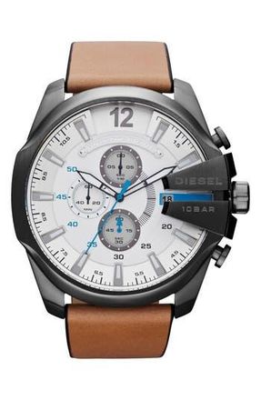 Diesel Mega Chief Chronograph Leather Strap Watch, 59mm in Gunmetal at Nordstrom Rack