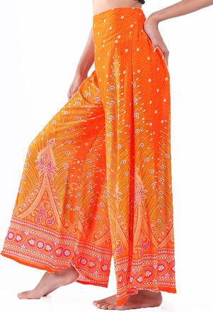 Lofbaz Womens Wide Leg Palazzo Pants Yoga Lounge Hippie Harem Flowy Trousers Lightweight Fall Plus Ladies Pajamas Sleepwear Aladdin Gypsy - Peacock - Orange 