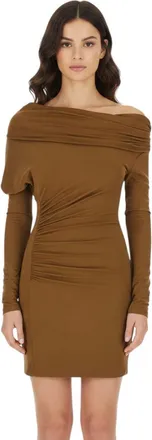 Andamane Beige Solid Off Shoulder Mini Dress