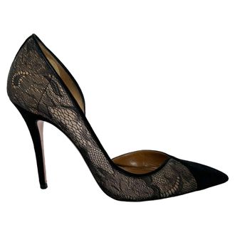 Aquazzura Mesh Lace Trim Embellishment Pumps in Black Suede