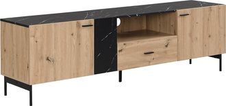 Pascal Morabito Mueble TV con 2 puertas, 1 caj&oacute;n y 1 estante de MDF y metal - Natural claro y efecto m&aacute;rmol negro - LIOMENA de Pascal Morabito