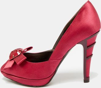 Ferragamo Burgundy Satin Crystal Embellished Peep Toe Pumps