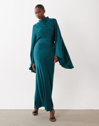 Asos Vestito lungo in raso verde-azzurro con collo a imbuto e maniche oversize