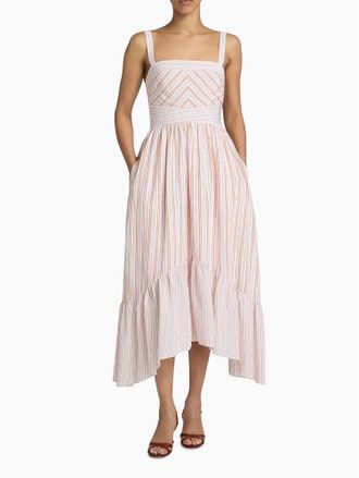 Ramy Brook Nadia Midi Dress In Sunset Orange Stripe Combo