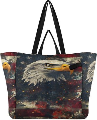 Generic Flag Hawk Red Usa pattern Reusable Canvas Tote Bag, Heavy Duty Grocery Shopping Bag with Double Handles Hard Bottom Large Capacity Work Groceries Trav