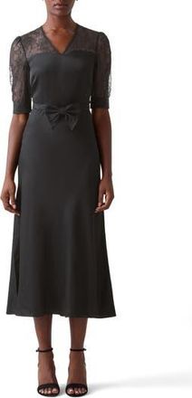 L.k. Bennett Madalena Belted Matte Satin Midi Dress in Black at Nordstrom Rack, Size 0