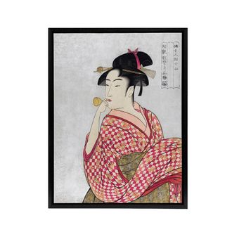 Artery8 Woman With Glass Pipe Portrait Framed Canvas Wall Art Print Kitagawa in Pink | Size: W24 x H32