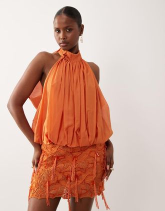 Asos Vestito corto arancione a pieghe allacciato al collo drappeggiato e decorato
