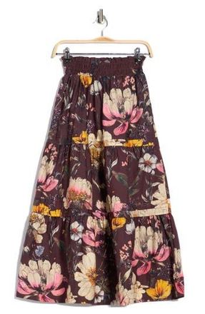 Elie Tahari Floral Tiered Cotton Pull-On Skirt in Chocolate/Vibrant Floral at Nordstrom Rack, Size X-Large