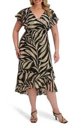 Kensie Print Burnout Chiffon Midi Dress in Black/Bone at Nordstrom Rack, Size 3X