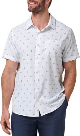 Travis Mathew Techwoven Seaside Print Short Sleeve Performance Button-Up Shirt in White at Nordstrom, Size Xx-Large