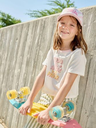 Vertbaudet T-Shirt mit Kontrast-Ausschnitt M&auml;dchen, mit Recycling-Baumwolle wollwei&szlig;