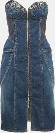 Roberto Cavalli Blue Denim Embellished Bustier Mini Dress