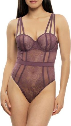 Felina Anika Strappy Underwire Lace & Mesh Teddy in Plum Wine at Nordstrom, Size X-Large