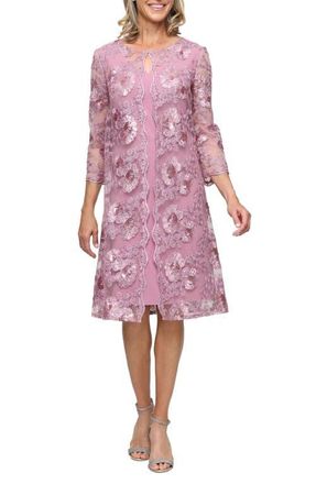 Alex Evenings Sequin Floral Embroidery Mock Jacket Cocktail Dress in Dark Mauve at Nordstrom, Size 14