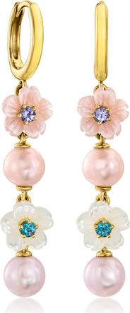Ross-Simons Multicolored Mother-Of-Pearl, 6-6.5mm Cultured Pearl and. Multi-Gemstone Flower Drop Earrings in 18kt Gold Over Sterling Silver