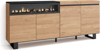 Skraut Home Aparadores Para Sal&oacute;n, Gran Capacidad De Almacenaje, 200x87x35cm, 4 Puertas, Chimenea El&eacute;ctrica, Dise&ntilde;o Industrial, Estilo Moderno, Roble Y Negro - Sk
