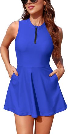 SHEKINI Womens One Piece Swimsuit Padded Round Neck Zip Front Swimdress 2 Pockets with Separate Trangle Bottoms Surfing Rashguard Bathing Suit, Royal Blue, XX