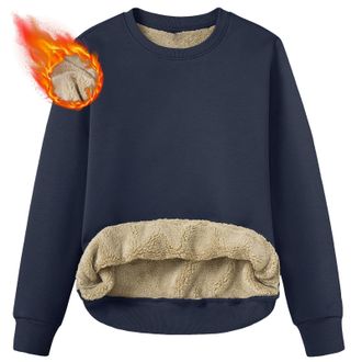 Generic Warm Sweatshirts for Women UK Clearance Womens Plush Lined Sweatshirt Winter Warm Long Sleeve Pullover Crew Neck Tops Relaxed Fit Size 14 Navy