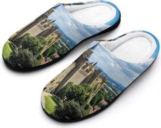 Generic Carcassonne France Castle Cotton Slippers for Women Memory Foam Comfy House Shoes with Anti-Skid Rubber Sole