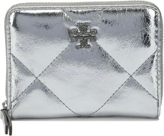 Tory Burch Accessoires, Dames, Grijs, ONE Size, Leer, Small Kira Diamond Quilt Metallic Zip-Around Portemonnee
