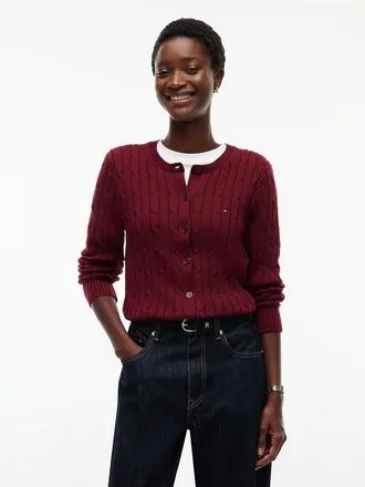 Tommy Hilfiger Womens Cable Knit Cardigan - Burgundy - XXL