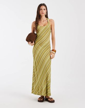 Asos Vestito lungo in misto lino verde a righe con scollo a barchetta-Multicolore