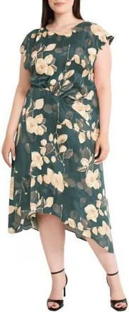 Maggy London Floral Print Asymmetric Dress in Teal/Gold at Nordstrom Rack, Size 20W