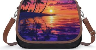 Generic Sunset Palm Trees Beach Crossbody Bag Womens Handbag PU Message Bags Shoulder Purse with Adjustable Strap