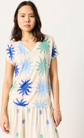 Fat Face FatFace Lauren Ivory Sun Tile Linen V Neck T Shirt