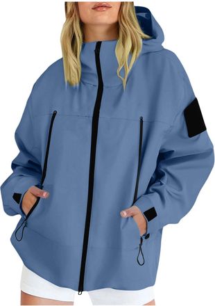 Generic Women Lightweight Waterproof Jackets Hooded Rain Coats with Zip Pockets Functional Softshell Outdoor Windbreaker Sports Jacket Loose Windproof Coat La