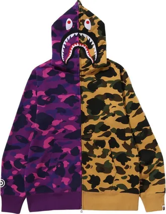 A Bathing Ape Split Camo Shark Full Zip Hoodie Purple Yellow 1M30-115-005-PUR
