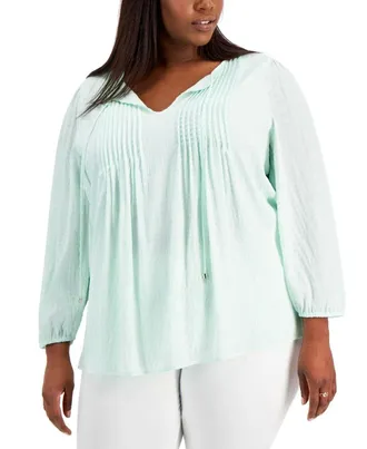 Tommy Hilfiger Top Women 1X Plus Green Tie Neck Pintucked Peasant Blouse FTS1528