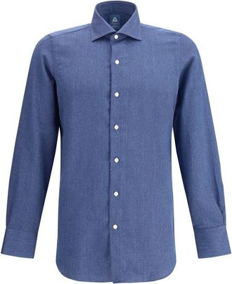 Finamore Blue Cotton Dress Mens Shirt
