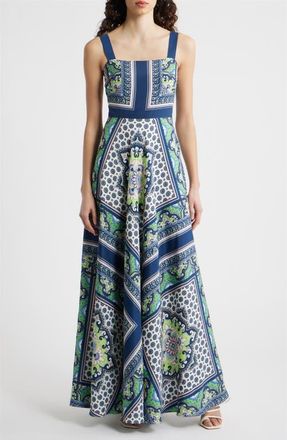 Eliza J Scarf Print Sleeveless Maxi Dress in Navy Lime at Nordstrom, Size 16